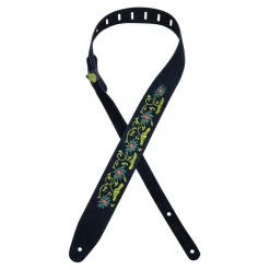 Colonial Leather - Flower and Leaves Embroidered Suede Guitar Strap - Black