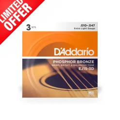 D'Addario - EJ15-3D - 3 Pack Phosphor Bronze Extra Light 10-47 - Acoustic Guitar Strings