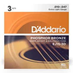 D'Addario - EJ15-3D - 3 Pack Phosphor Bronze Extra Light 10-47 - Acoustic Guitar Strings