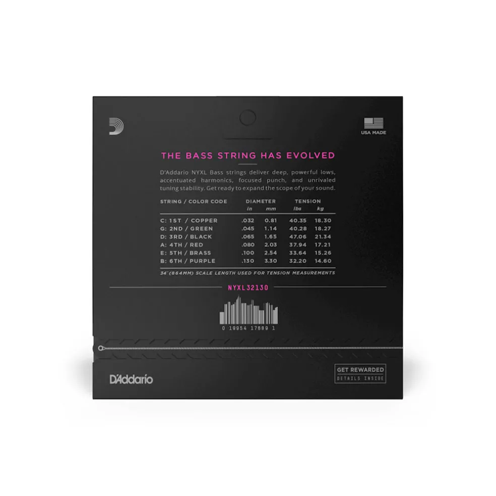 D'Addario - NYXL32130 Regular Light Long Scale 6-String Bass Strings, 32-130