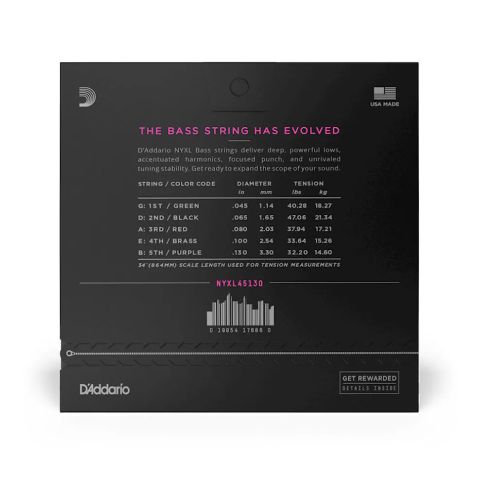 D'Addario NYXL45130 Nickel Wound Bass Guitar Strings, 5-string Regular Light, 45-130, Long Scale
