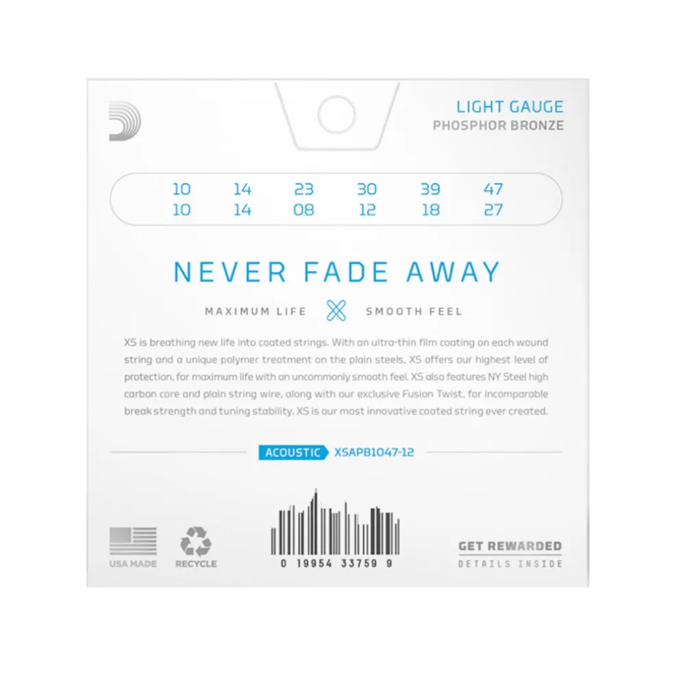 D’Addario 12-String XS Coated Phosphor Bronze Acoustic Guitar Strings .010-.047 Light Gauge