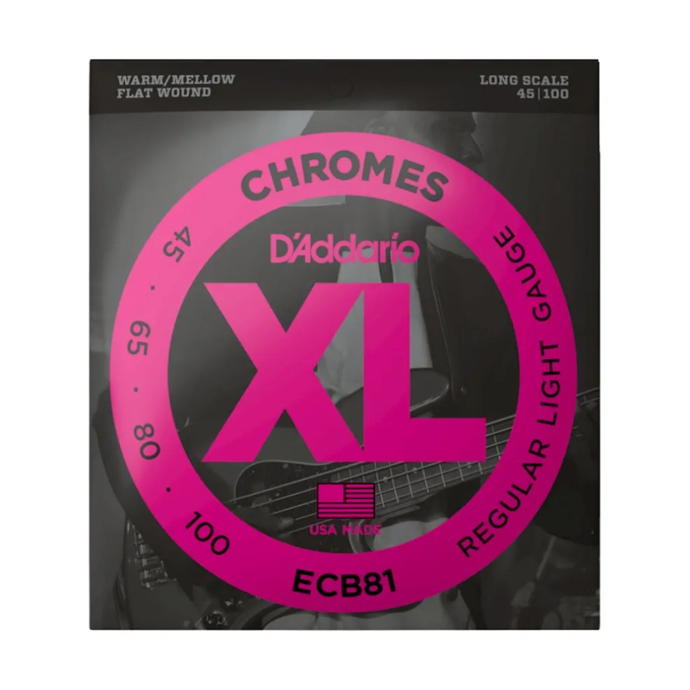 D'Addario XL Chromes Flatwound Bass Guitar Strings -.045-.100 Regular Light, Long Scale