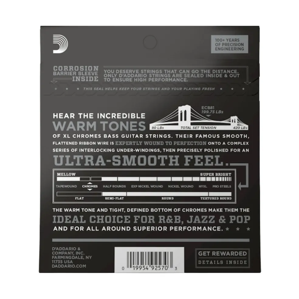 D'Addario XL Chromes Flatwound Bass Guitar Strings -.045-.100 Regular Light, Long Scale