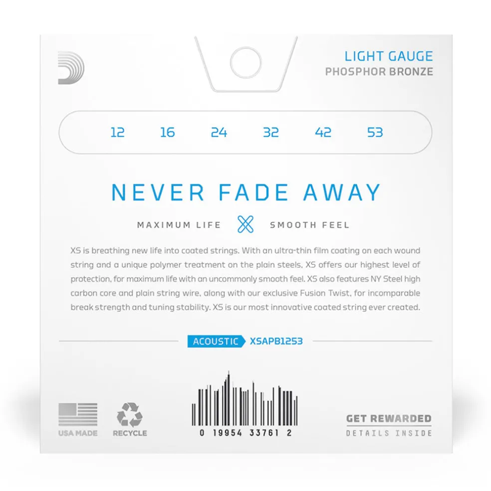 D'Addario XS Phosphor Bronze Acoustic Guitar Strings - 12-53