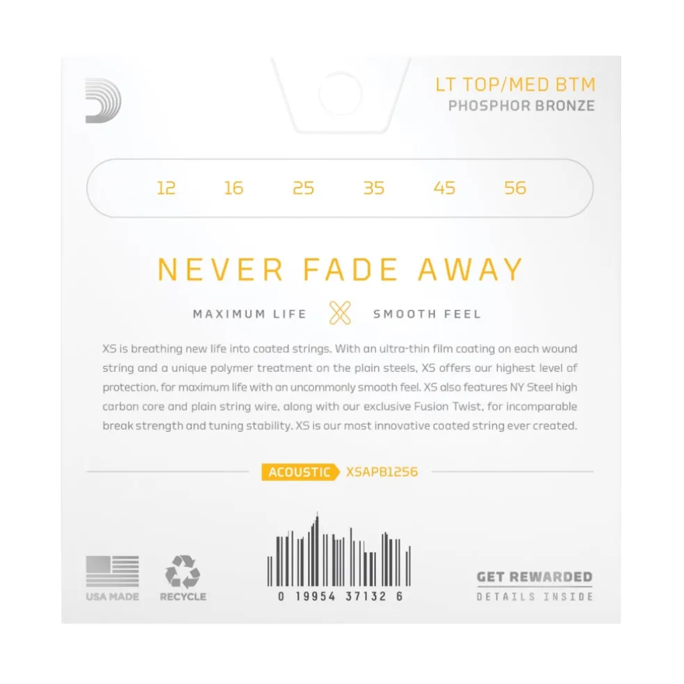 D'Addario XSAPB1256 XS Phosphor Bronze Coated Acoustic Guitar Strings - .012-.056 Light Top/Medium Bottom