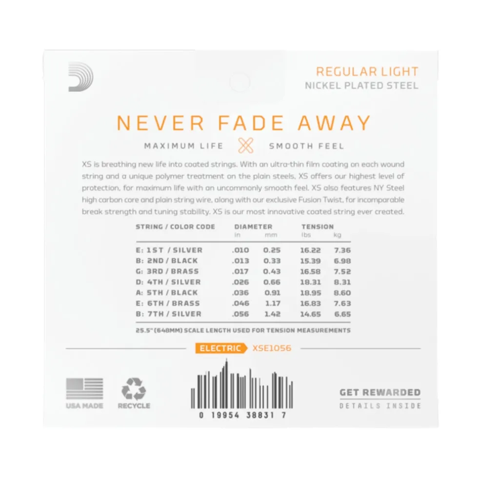 D'Addario XSE1056 XS Nickel-plated Steel Coated Electric Guitar Strings - .010-.056 7-String Regular