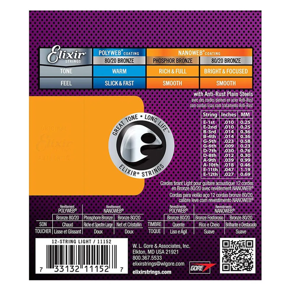 Elixir 11152 - Nanoweb 80/20 Bronze Light 10-47 12-String Acoustic Guitar Strings