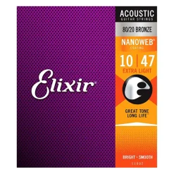 Elixir 11002 - Nanoweb 80/20 Extra Light 10-47 Acoustic Guitar Strings