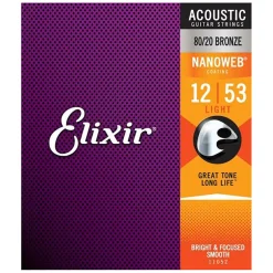 Elixir 11052 - Nanoweb 80/20 Light 12-53 Acoustic Guitar Strings 12-53 Light
