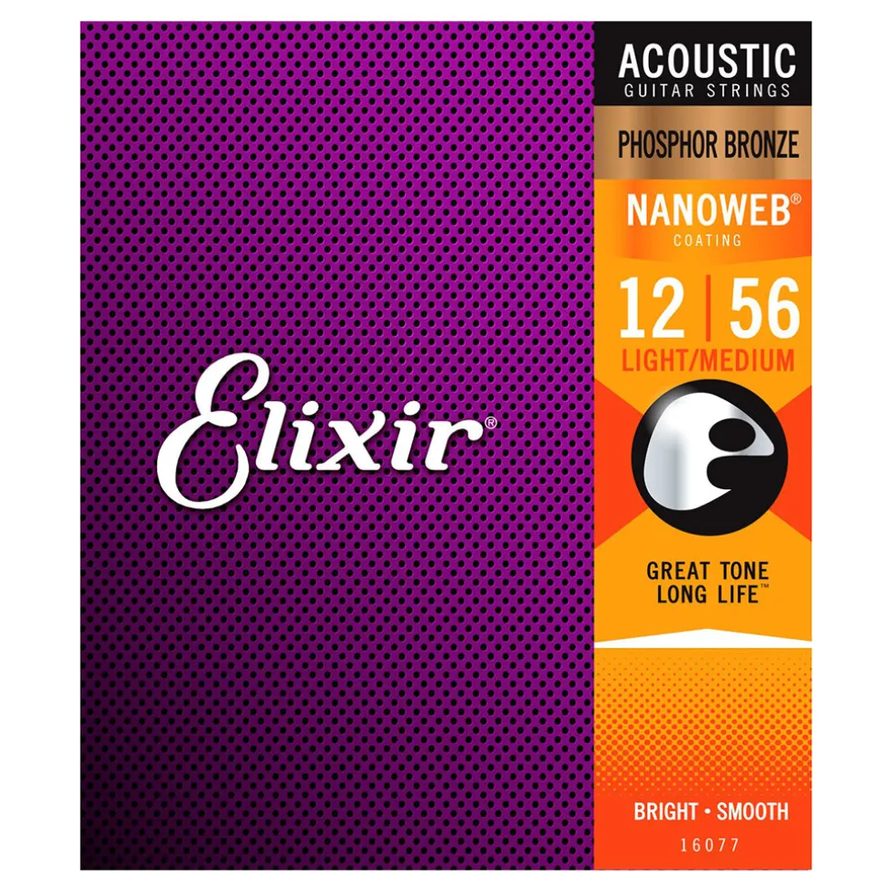 Elixir 16077 - Nanoweb Phosphor Bronze Light - Medium 12-56 Acoustic Guitar Strings