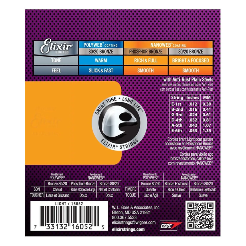 Elixir 16052 Nanoweb Phosphor Bronze Light 12-53
