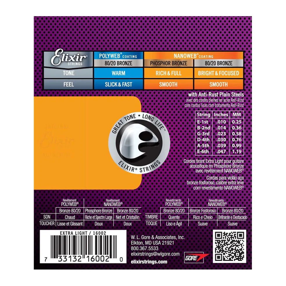 Elixir 16002 Nanoweb Phosphor Bronze Extra Light 10-47