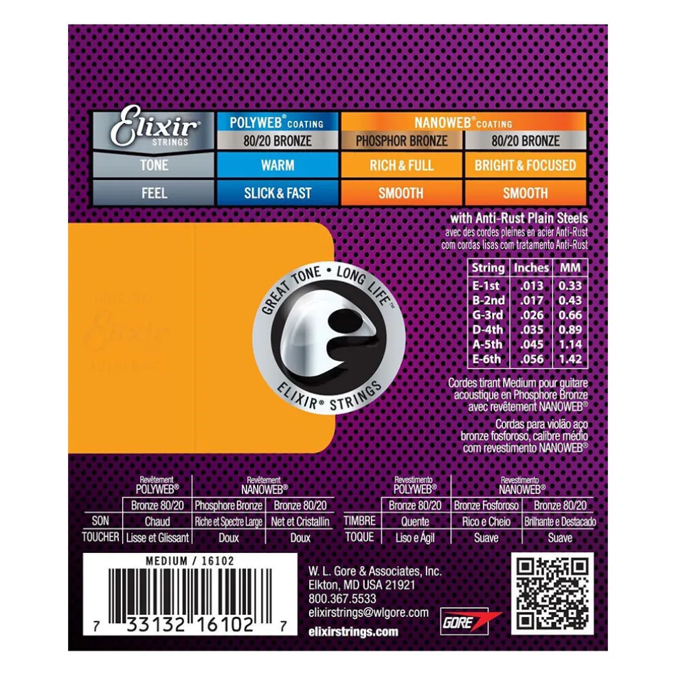 Elixir 16102 Nanoweb Phosphor Bronze Medium 13-56
