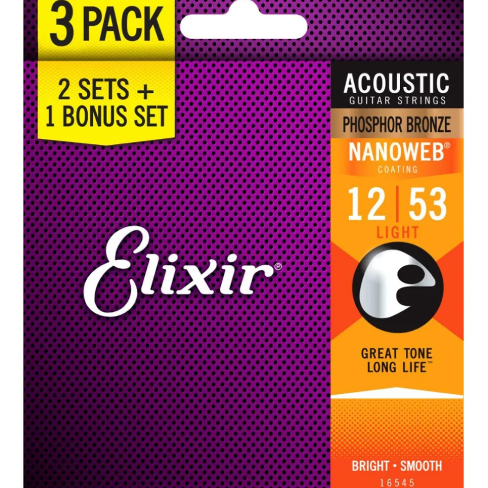 Elixir Nanoweb Phosphor Bronze 12-53 Light - 3 Pack