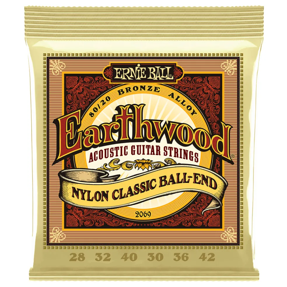 Ernie Ball Earthwood 80/20 Bronze Folk Nylon Classic Ball End Acoustic Guitar Strings, 28-42 Gauge