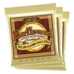Ernie Ball Earthwood Folk Nylon, Clear and Gold w/Ball End, 8020 Brnz Ac Gtr Strings 3 Pk 28 42