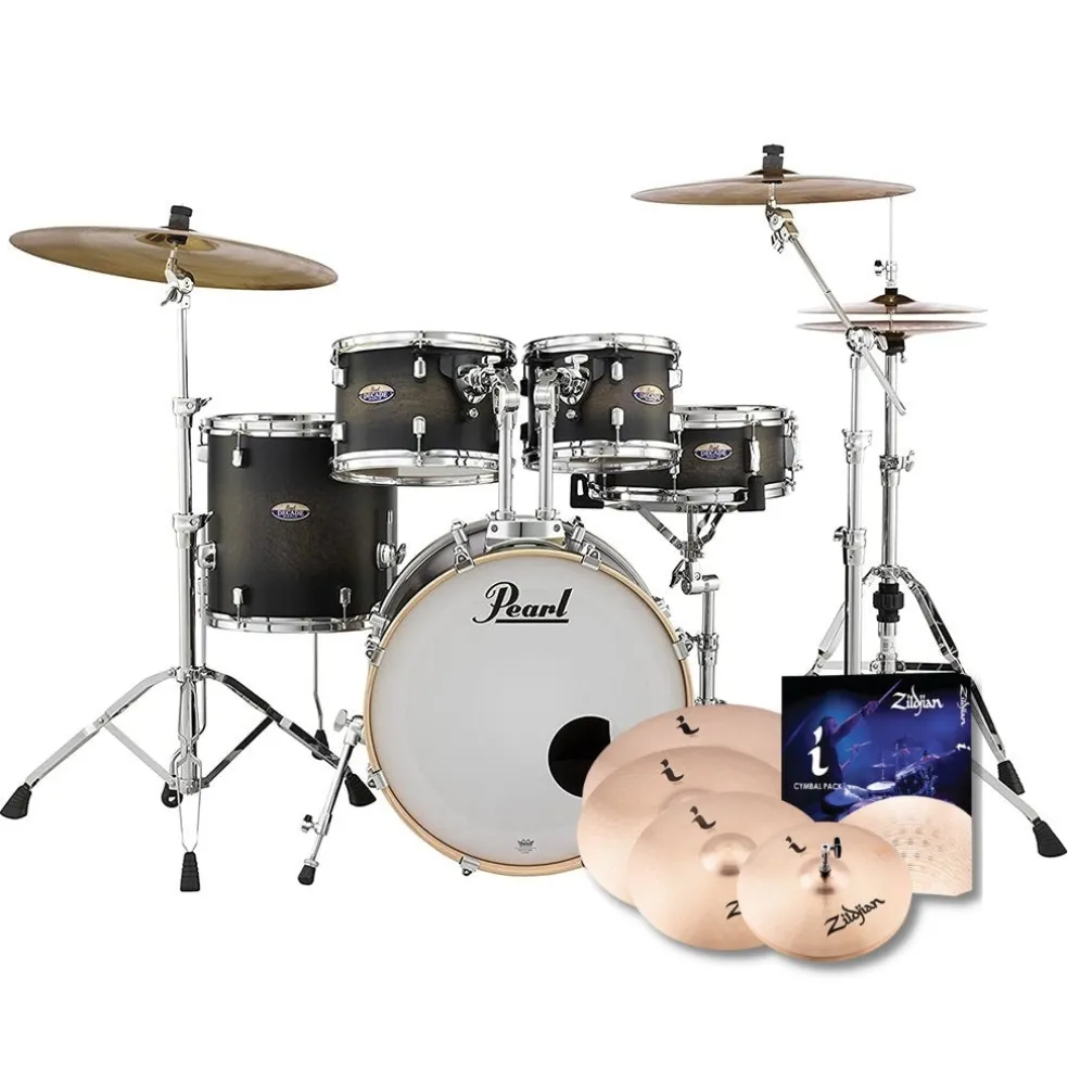Pearl Decade Maple 5-Piece Drum Kit Package with Zildjian Cymbals & Hardware - Satin Black Burst - FREE 14" I Series crash (ZILH14C)