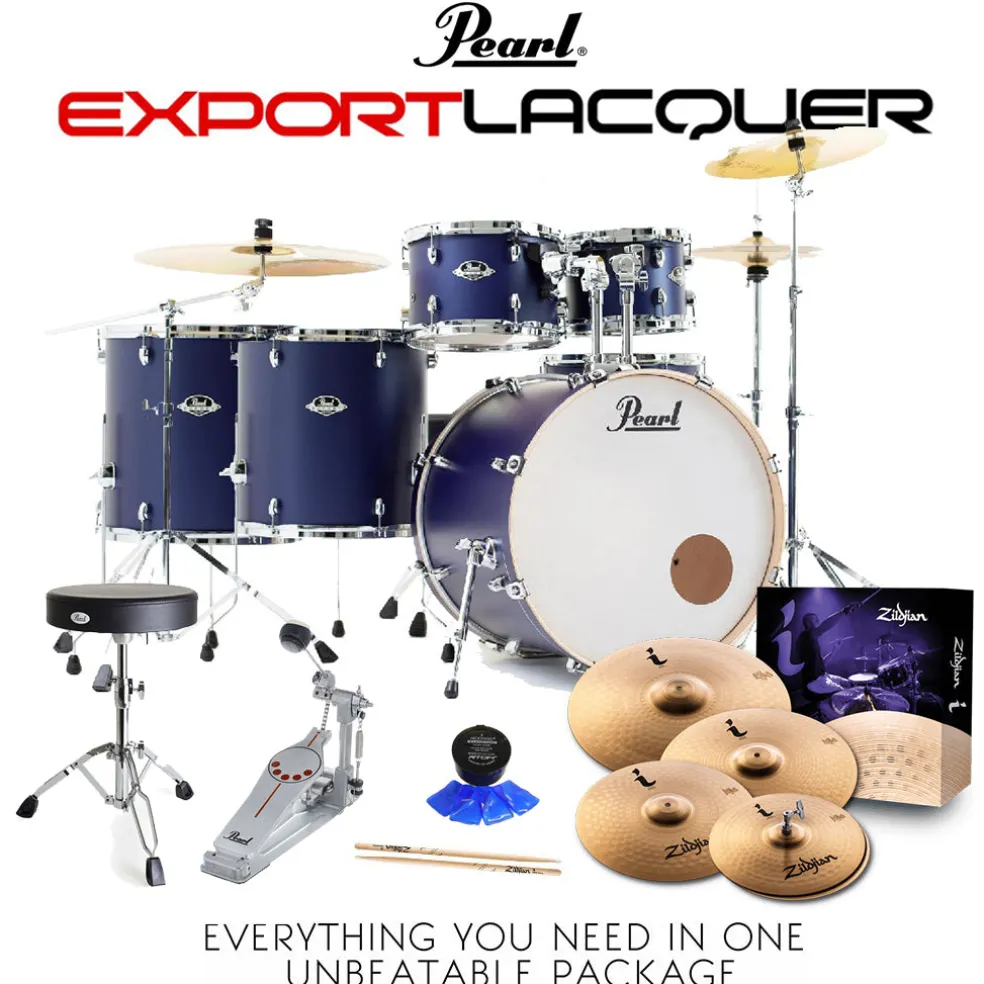 Pearl Export Lacquer EXL 22" Fusion Plus Kit Package with Zildjian Cymbals & Hardware (Free 14" Floor Tom) - Indigo Night