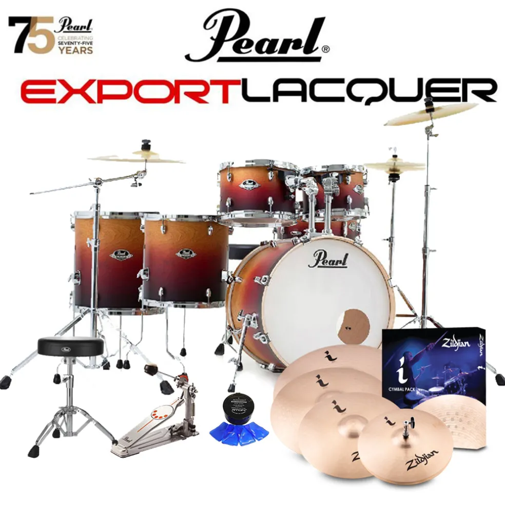 Pearl Export Lacquer EXL 22" Fusion Plus Kit Package with Zildjian Cymbals (I Series) & Hardware (Free 14" Floor Tom) - Ember Dawn