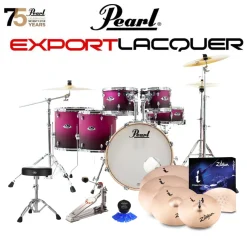 Pearl Export Lacquer EXL 22" Fusion Plus Kit Package with Zildjian Cymbals (I Series) & Hardware (Free 14" Floor Tom) - Raspberry Sunset