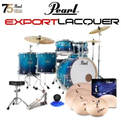 Pearl Export Lacquer EXL 22" Fusion Plus Kit Package with Zildjian Cymbals (I Series) & Hardware (Free 14" Floor Tom) - Azure Daybreak