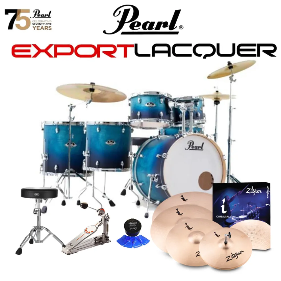 Pearl Export Lacquer EXL 22" Fusion Plus Kit Package with Zildjian Cymbals (I Series) & Hardware (Free 14" Floor Tom) - Azure Daybreak