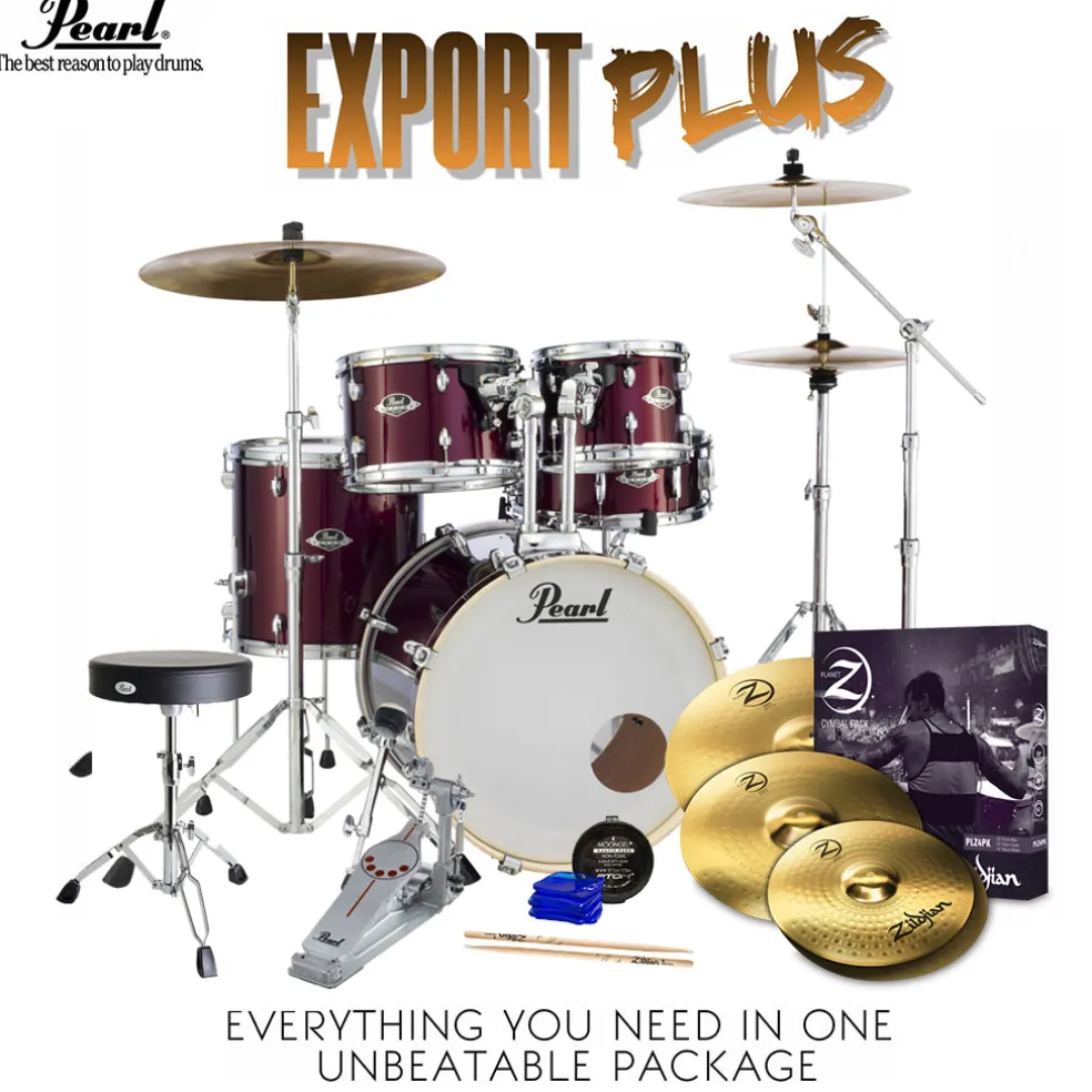 Pearl Export 22" EXX Fusion Plus Drum Kit Package with Zildjian Cymbals & Hardware - Burgundy