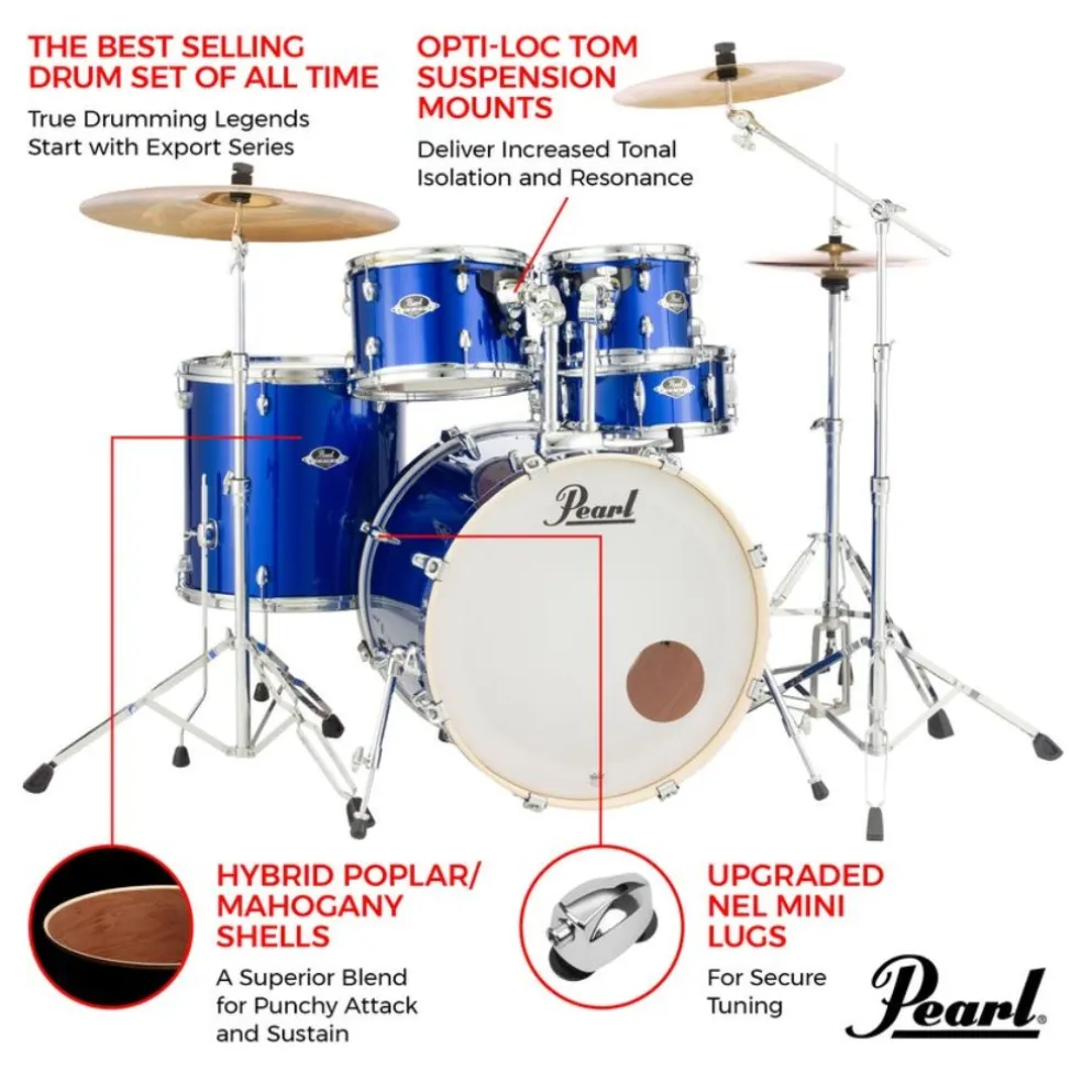 Pearl Export 22" EXX Fusion Plus Drum Kit Package with Zildjian Cymbals & Hardware - High Voltage Blue