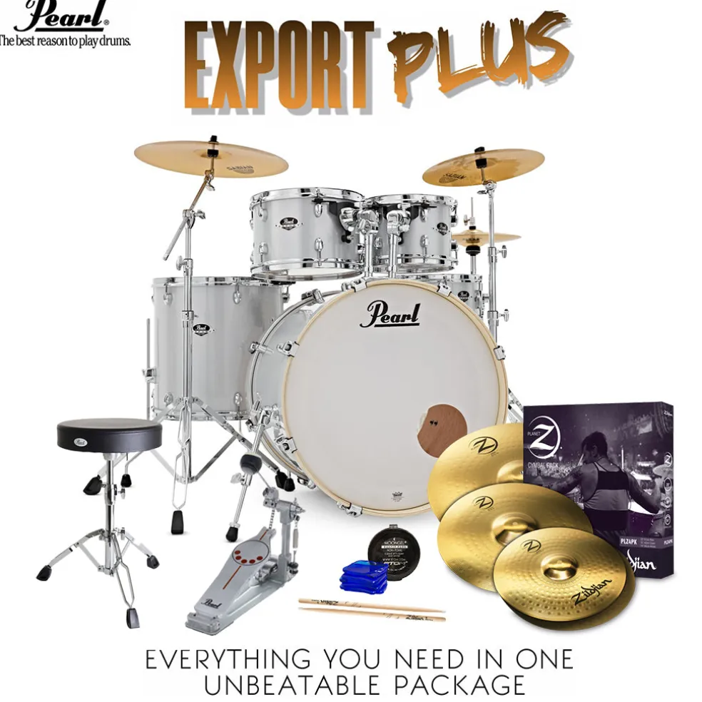 Pearl Export 22" EXX Fusion Plus Drum Kit Package with Zildjian Cymbals & Hardware - Arctic Sparkle