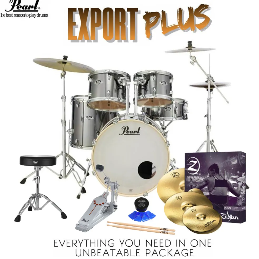 Pearl Export 22" EXX Fusion Plus Drum Kit Package with Zildjian Cymbals & Hardware - Smokey Chrome