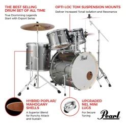 Pearl Export 22" EXX Fusion Plus Drum Kit Package with Zildjian Cymbals & Hardware - Smokey Chrome
