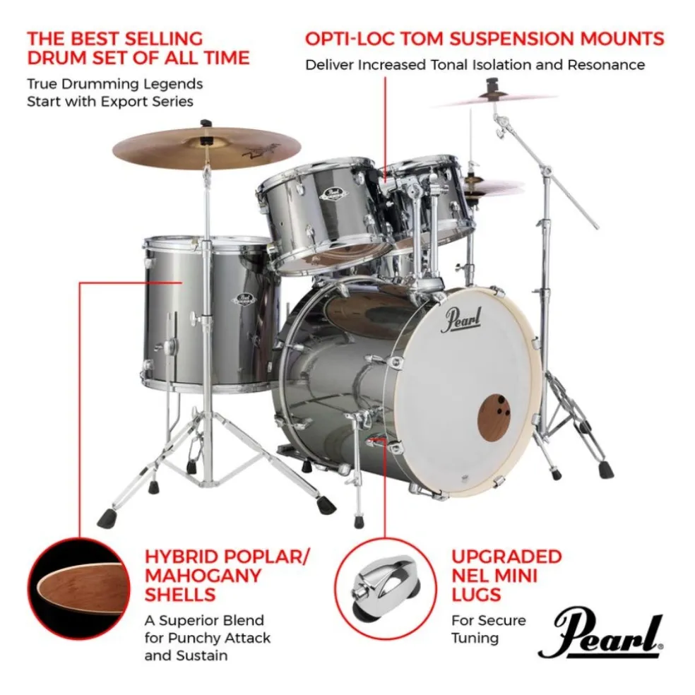 Pearl Export 22" EXX Fusion Plus Drum Kit Package with Zildjian Cymbals & Hardware - Smokey Chrome