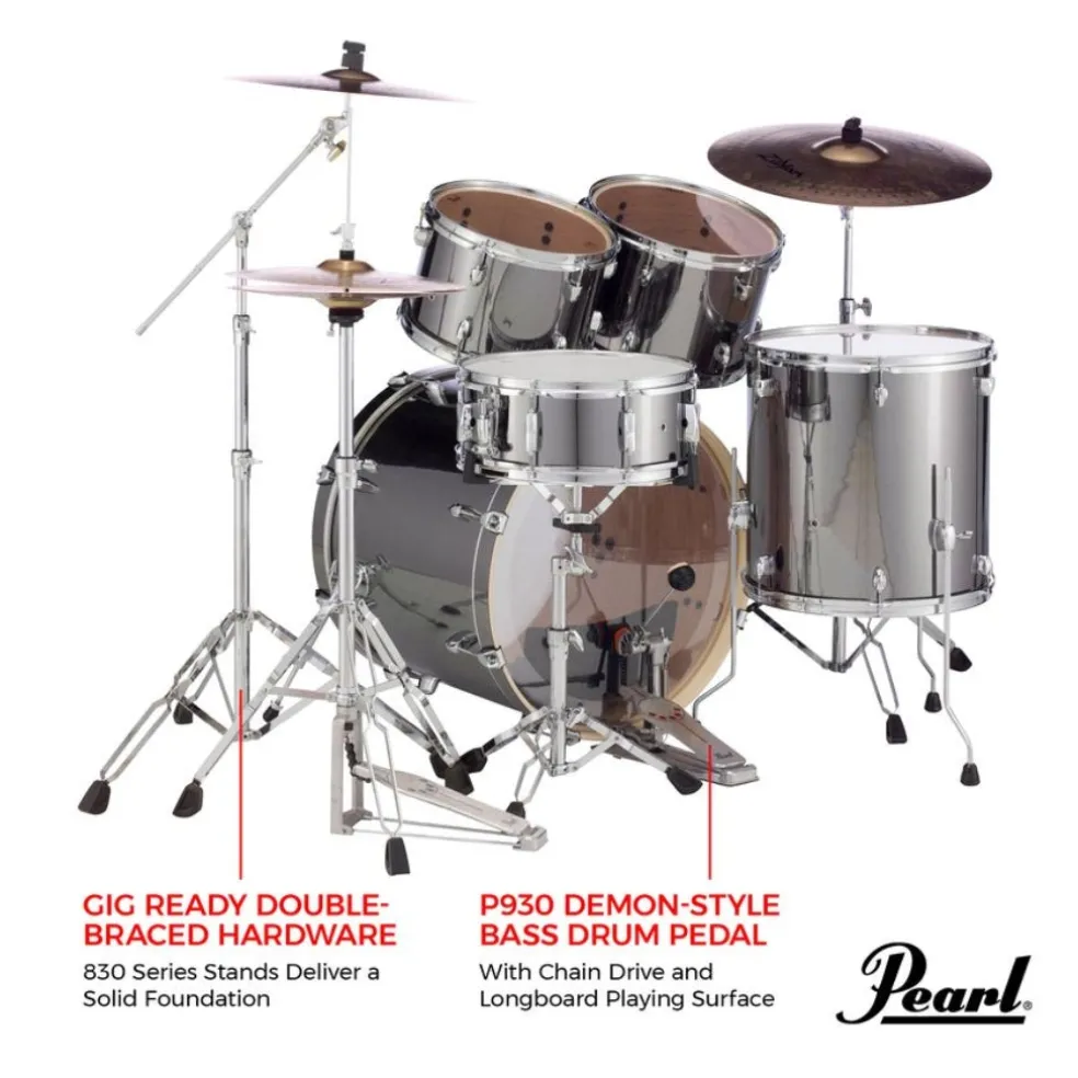 Pearl Export 22" EXX Fusion Plus Drum Kit Package with Zildjian Cymbals & Hardware - Smokey Chrome