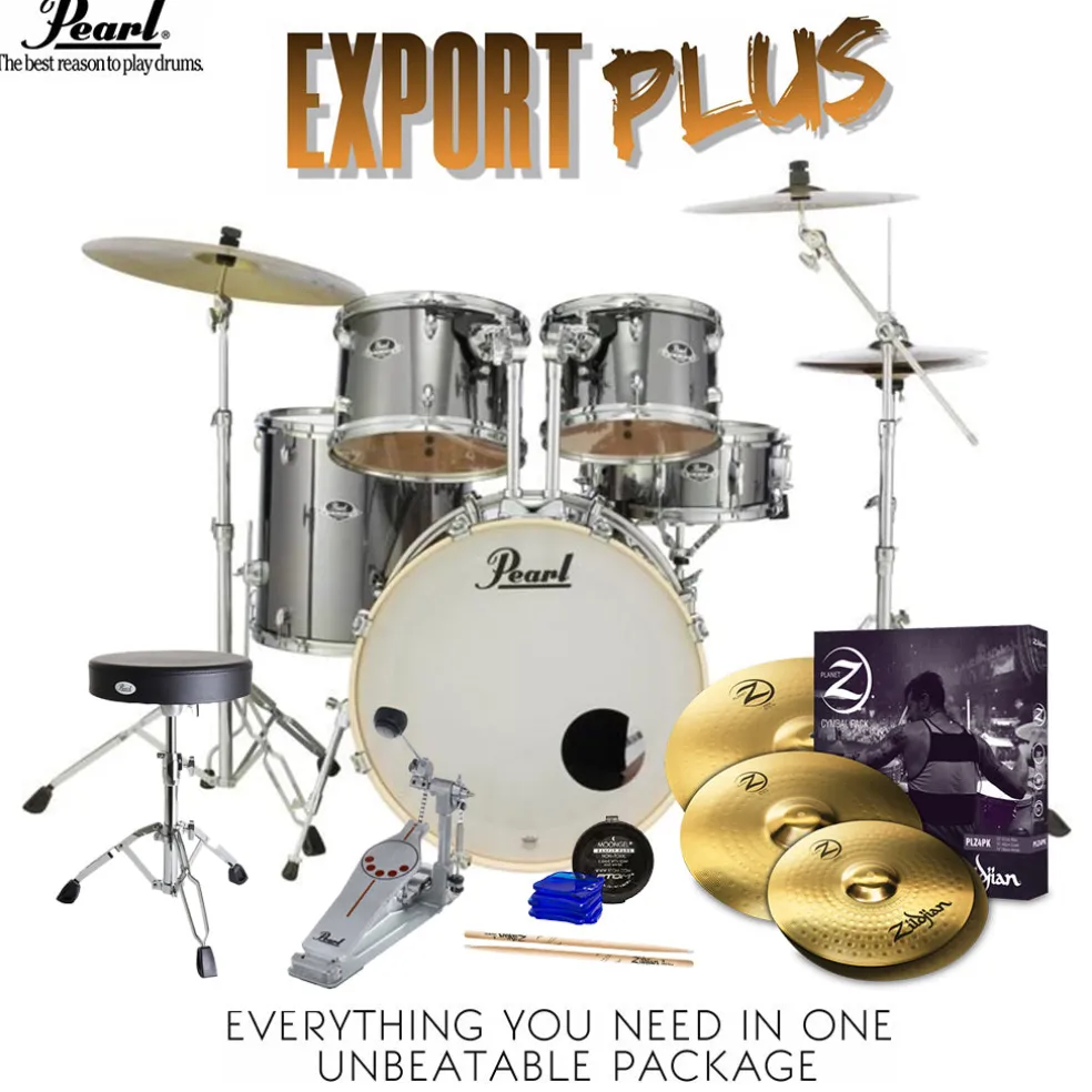 Pearl Export 22" EXX Fusion Plus Drum Kit Package with Zildjian Cymbals & Hardware - Smokey Chrome