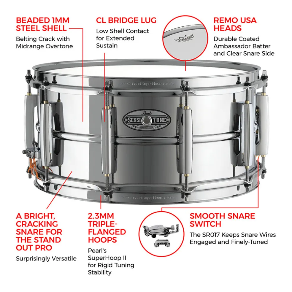 Pearl 14"x6.5" Sensitone Heritage Alloy Snare Drum - Steel