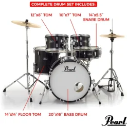 Pearl Roadshow 20" 5-PCS Fusion Drum Kit with Hardware and Cymbals - Jet Black