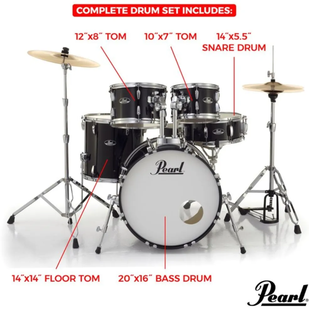 Pearl Roadshow 20" 5-PCS Fusion Drum Kit with Hardware and Cymbals - Jet Black