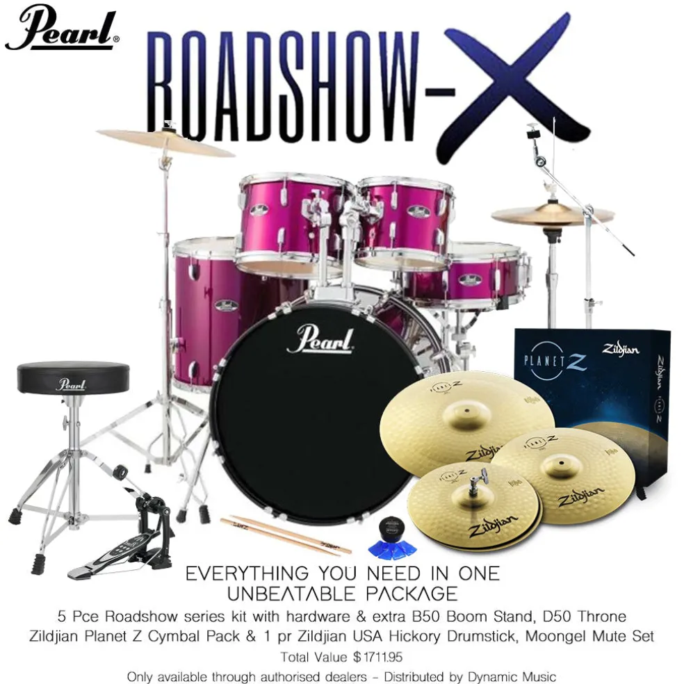 Pearl Roadshow X 22" 5-Piece Drum Kit Package with Zildjian Cymbals & Hardware - Pink Metallic