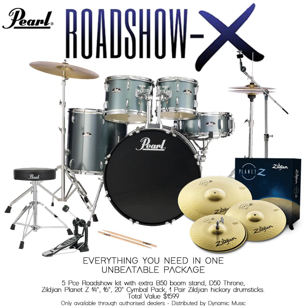 Pearl Roadshow X 20" 5-Piece Drum Kit Package with Zildjian Cymbals & Hardware - Charcoal Metallic