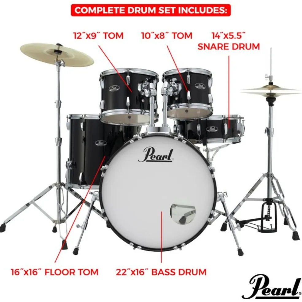 Pearl Roadshow X 22" 5-Piece Drum Kit Package with Zildjian Cymbals & Hardware - Jet Black