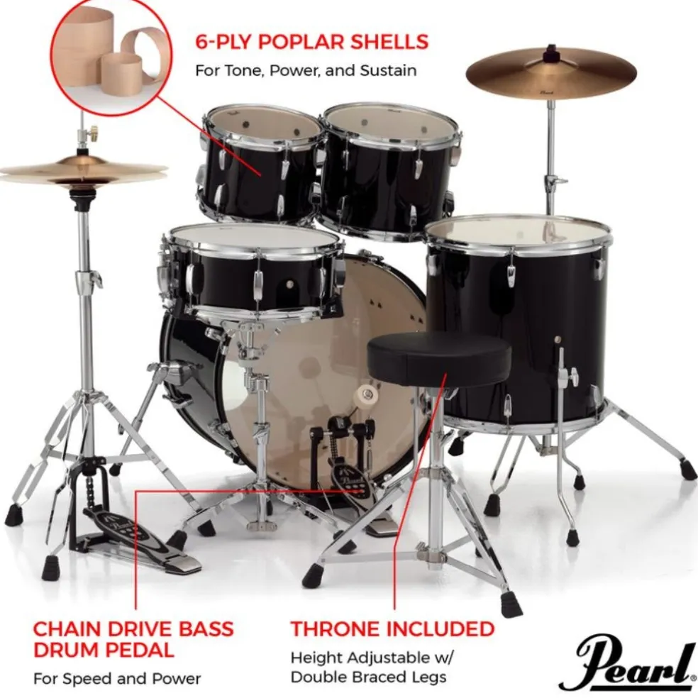 Pearl Roadshow X 22" 5-Piece Drum Kit Package with Zildjian Cymbals & Hardware - Jet Black