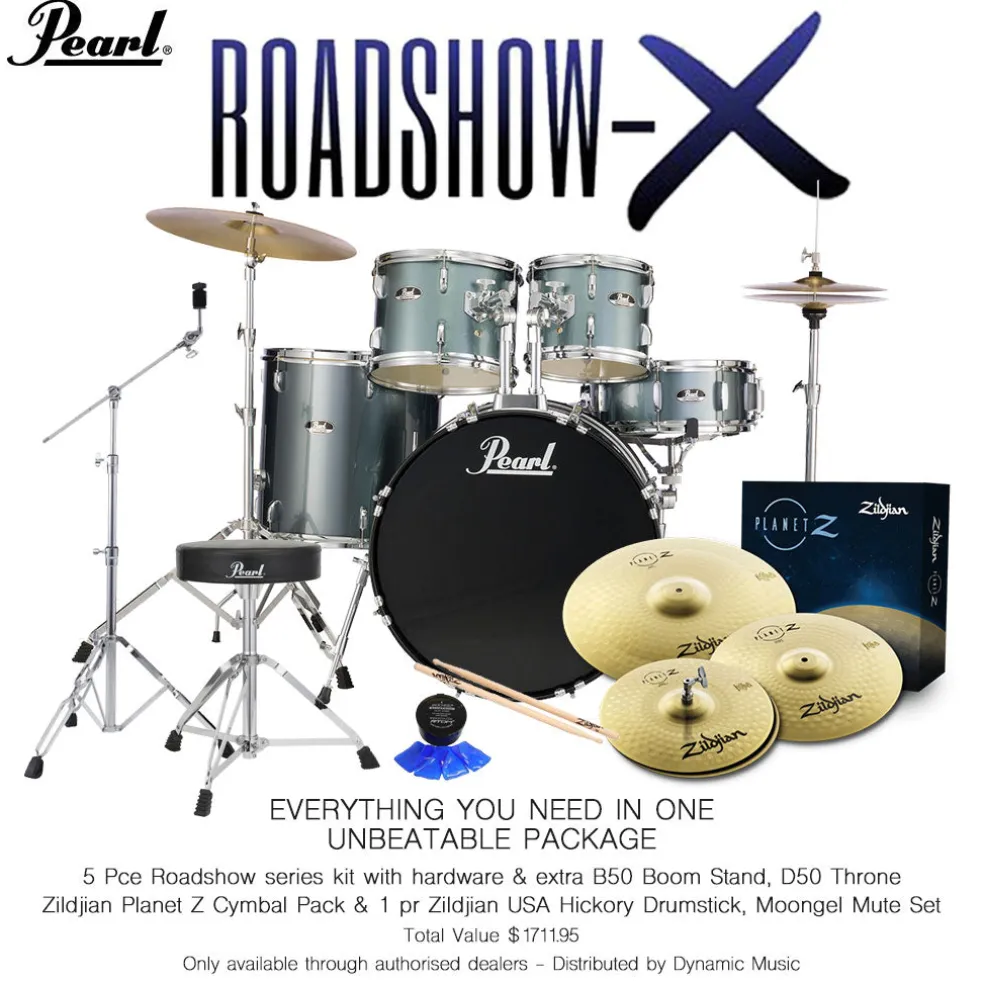 Pearl Roadshow X 22" 5-Piece Drum Kit Package with Zildjian Cymbals & Hardware - Charcoal Metallic
