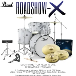 Pearl Roadshow X 20" 5-Piece Drum Kit Package with Zildjian Cymbals & Hardware - Pure White