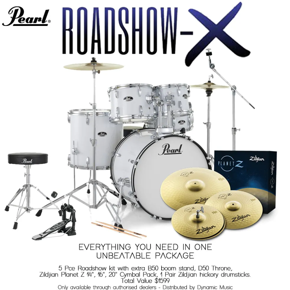 Pearl Roadshow X 20" 5-Piece Drum Kit Package with Zildjian Cymbals & Hardware - Pure White