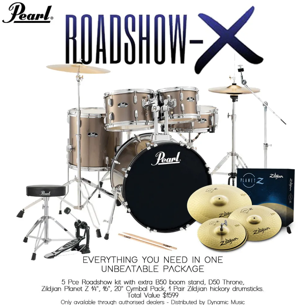 Pearl Roadshow X 20" 5-Piece Drum Kit Package with Zildjian Cymbals & Hardware - Bronze Metallic